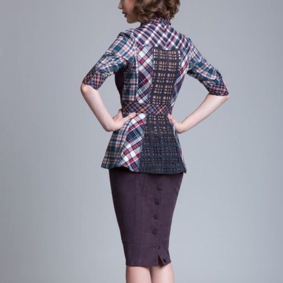 Byron Lars Tops - Byron Lars plaid sheer lace peplum top